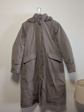 Lands’ End Long Hooded Down Coat XL 18 Taupe Insulated Jacket